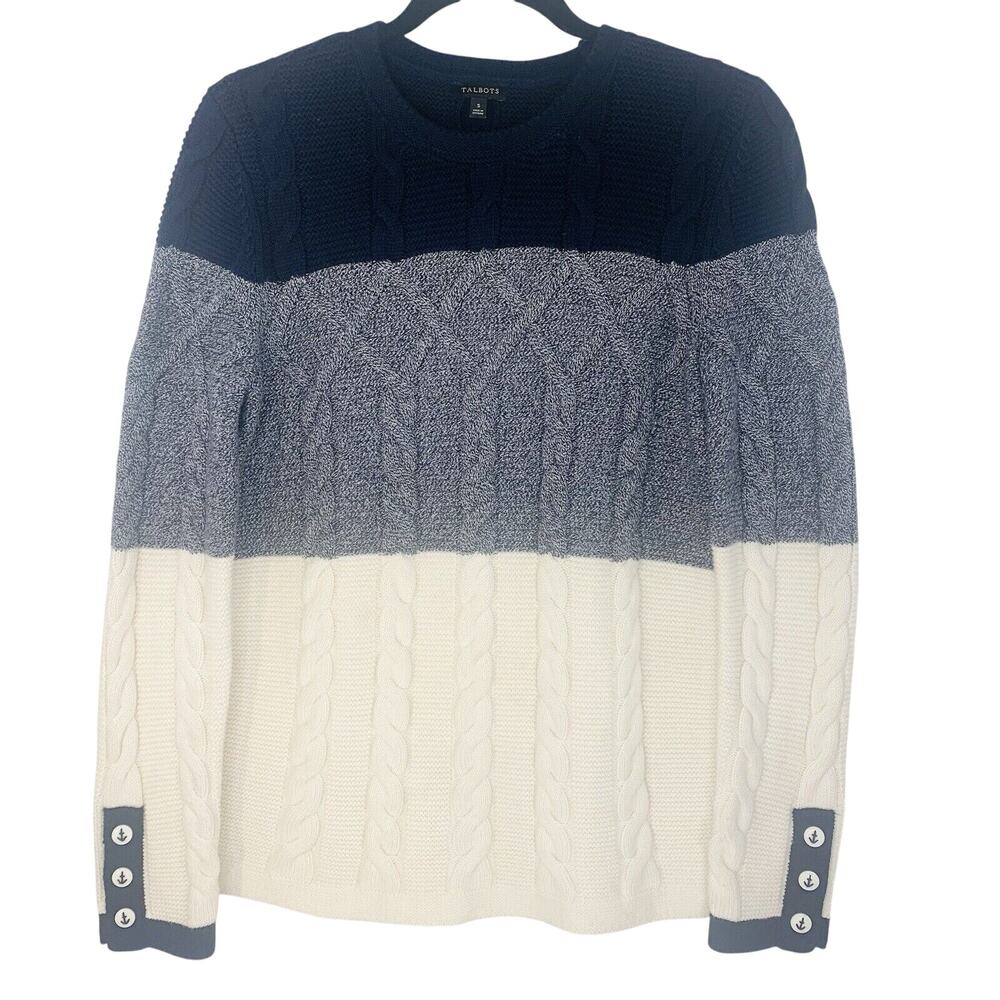 TALBOTS Cable Knit Sweater S Blue White Stripe Crewneck Pullover Fisherman EUC